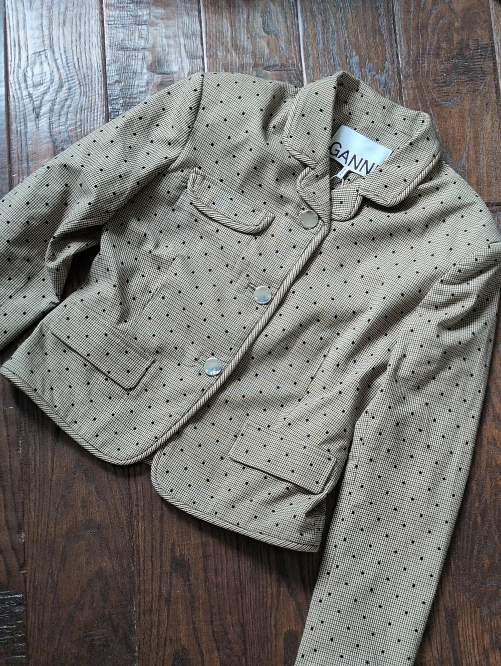 GANNI I NWT Brown & Black Lenzing Tiger's Eye Check Polka Dot Pattern Blazer, 38
